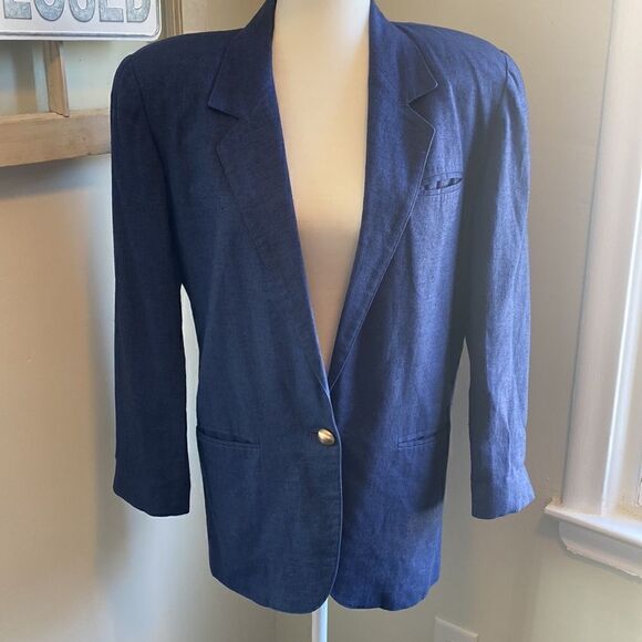 express Vintage 1990s Oversized Linen One Button Blazer with Shoulder Pads - Picture 2 of 7